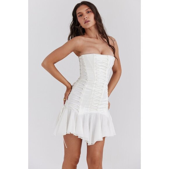 House of CB Sirena Strapless Lace Up Mini Dress in White - Picture 2 of 4
